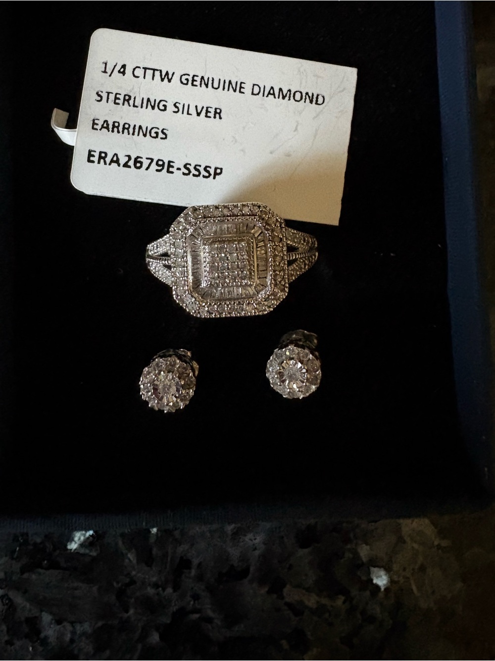 Sterling Silver Diamond Halo Ring with Matching Stud Earrings - Silver